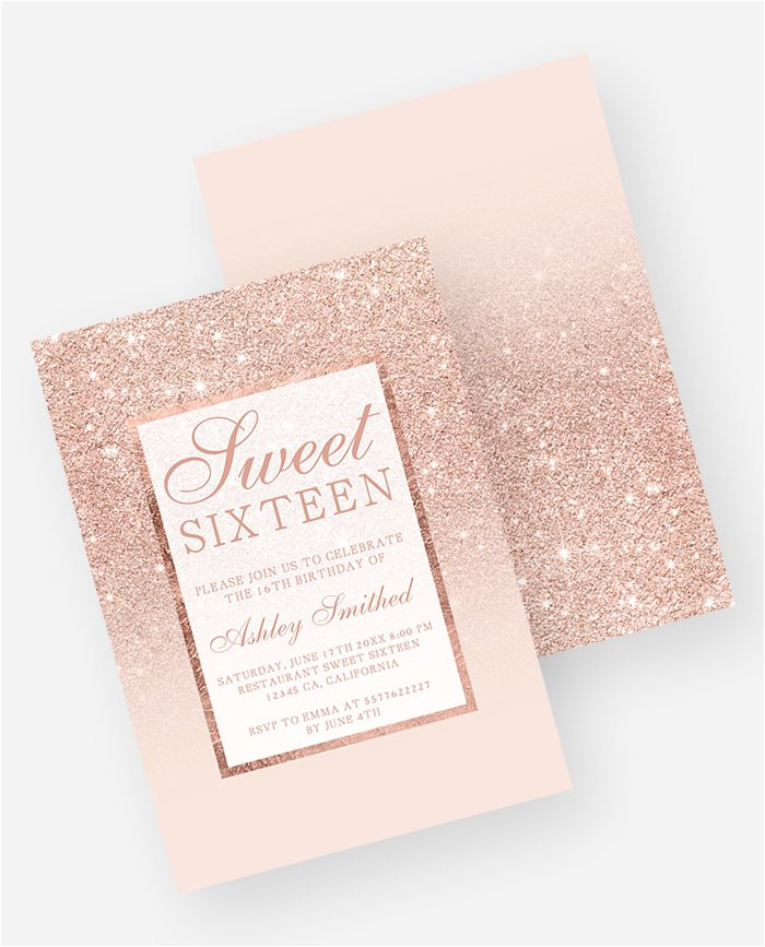 rose gold glitter pink ombre sweet 16 invitation digital download