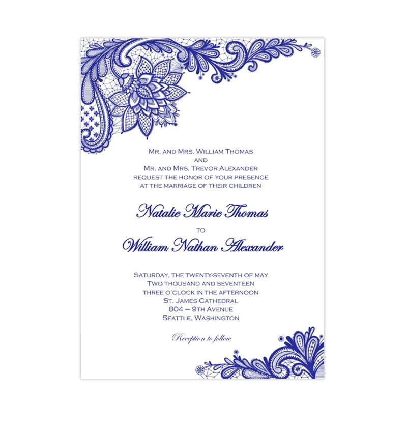 vintage lace wedding invitation royal blue