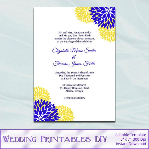 royal blue and yellow wedding invitation