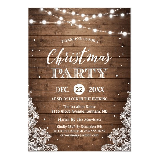christmas party rustic wood twinkle lights lace invitation 256155865632696198