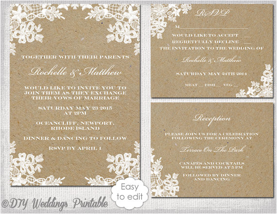 rustic wedding invitation set diy quotrustic lacequot printable kraft wedding invitation template suite editable word digital download