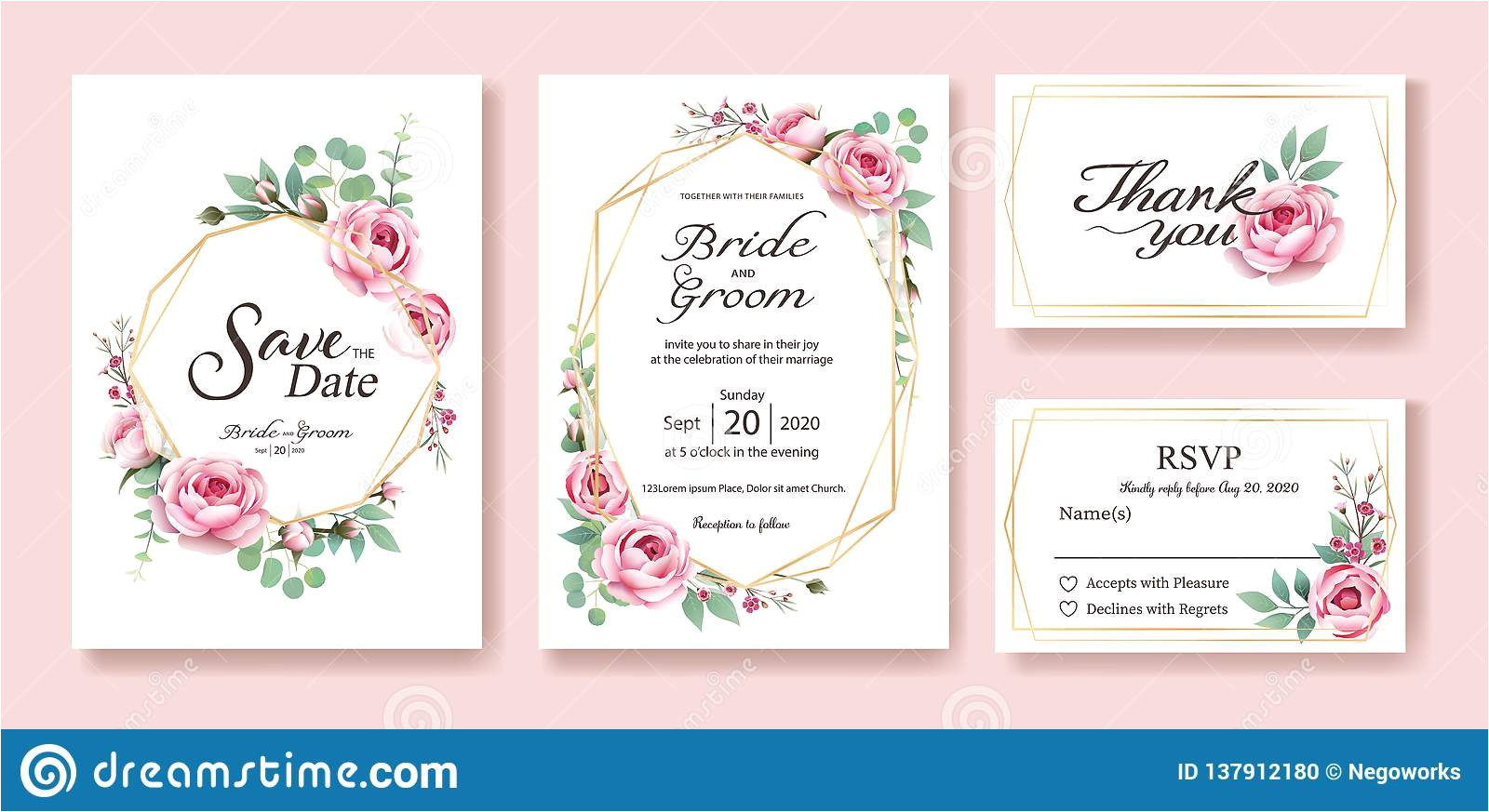 floral wedding invitation save date thank you rsvp card design template vector queen sweden rose silver dollar leaves wax image137912180
