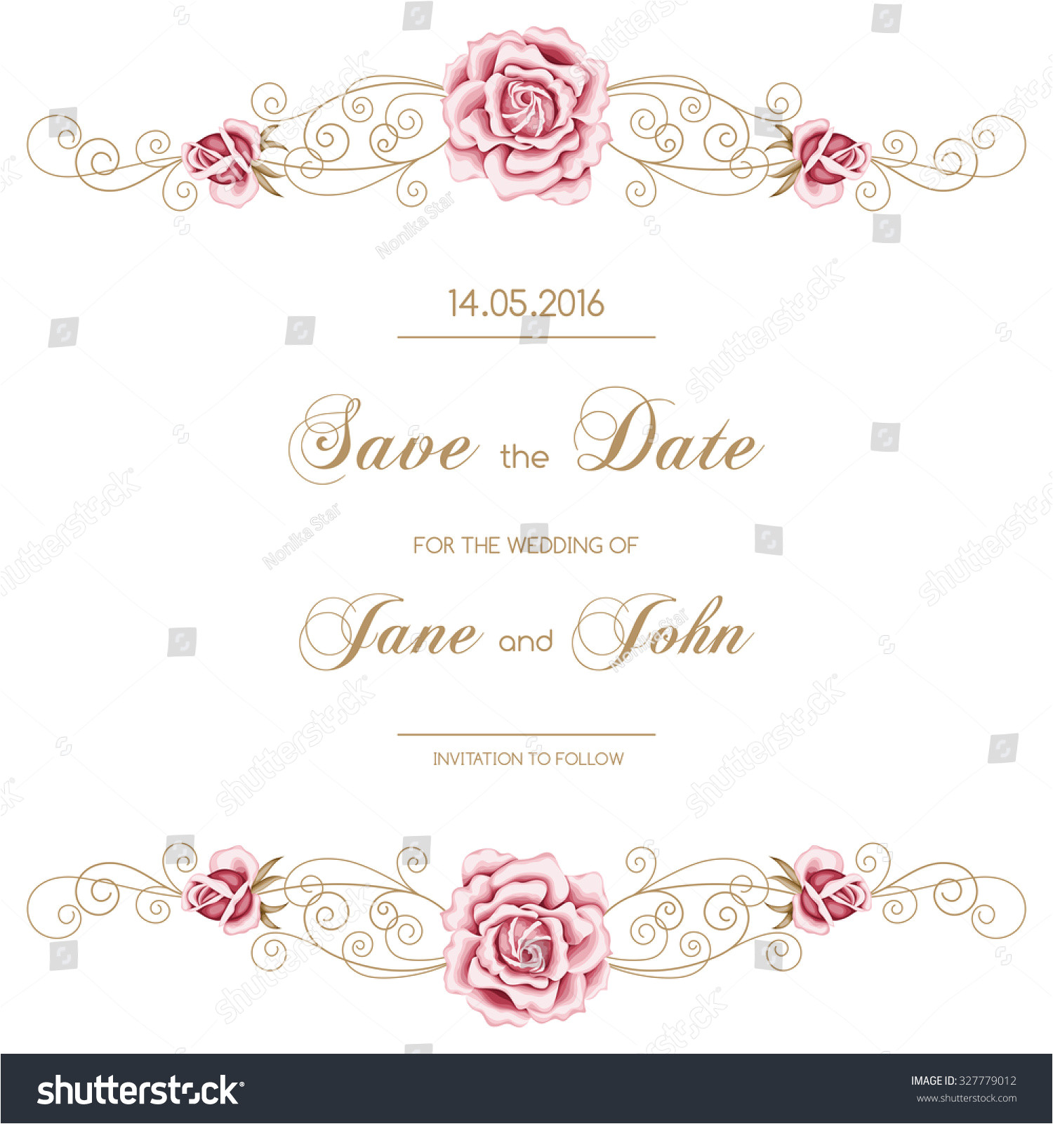 stock vector vintage wedding invitation with roses invitation template with gold curling frame save the date