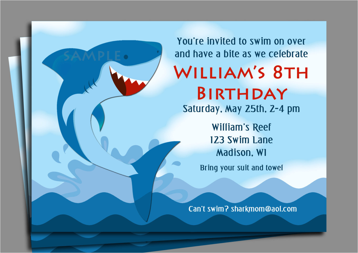 shark invitation printable or printed