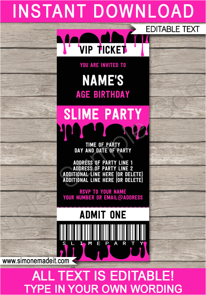 slime birthday party ticket invitation