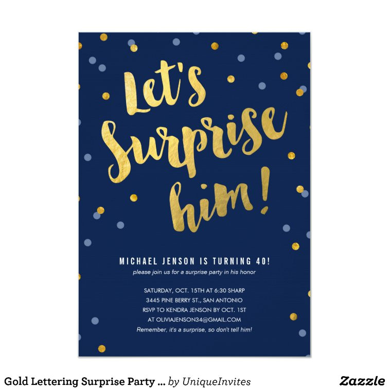 gold lettering surprise party invitations for him 256535722805457101