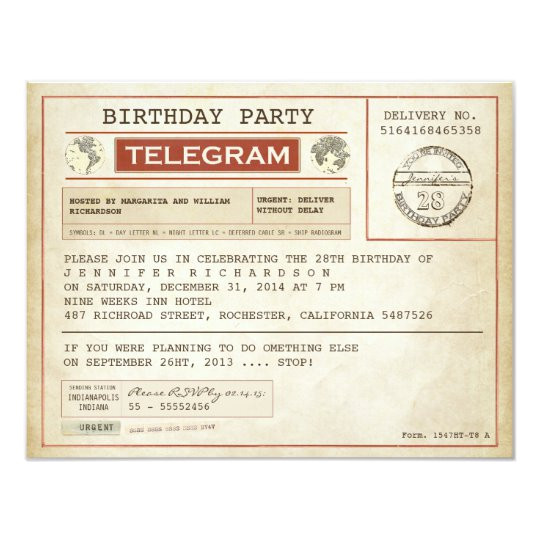 vintage birthday telegram invitation 161359496830924515