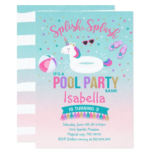 unicorn pool party birthday invitation pink gold 256202208678156309