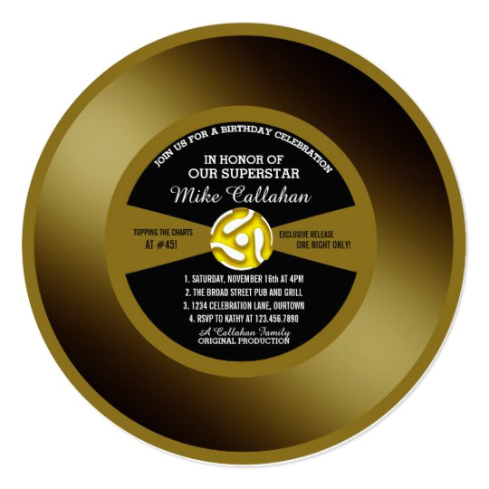 gold record vinyl 45 birthday party invitation 256672077454550837