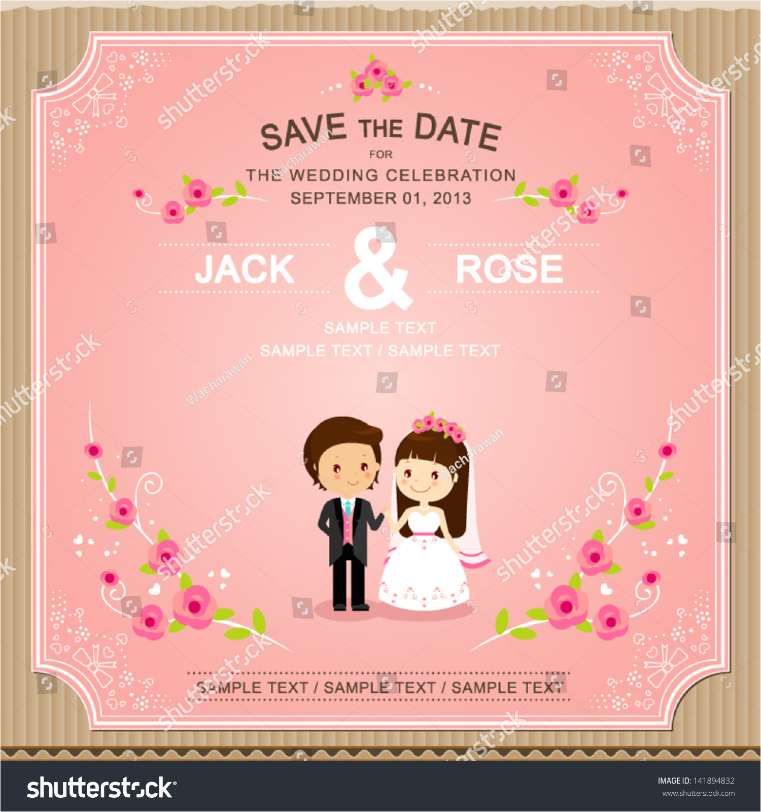 stock vector cute pink rose wedding invitation card template vector illustration