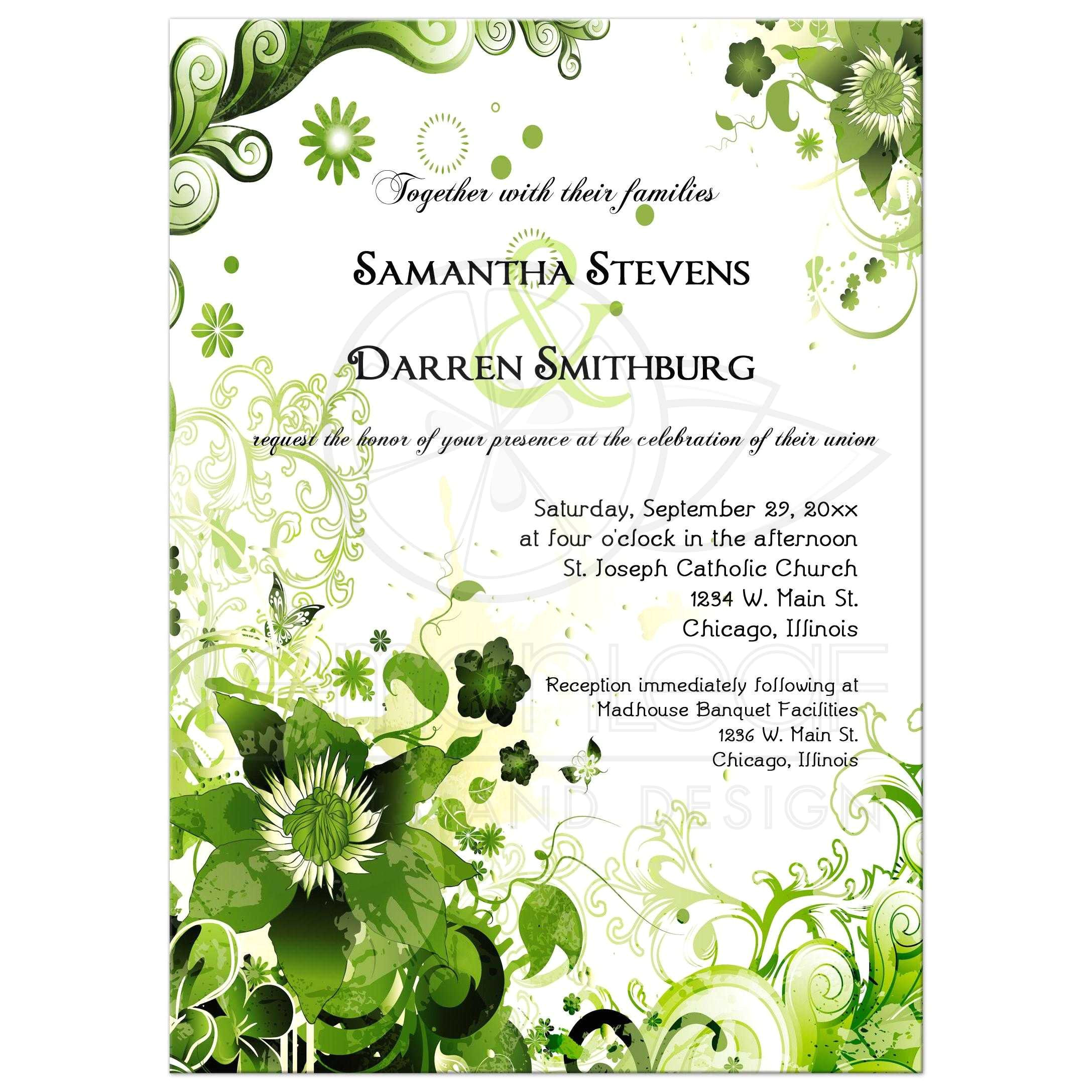 retro green floral wedding invitation