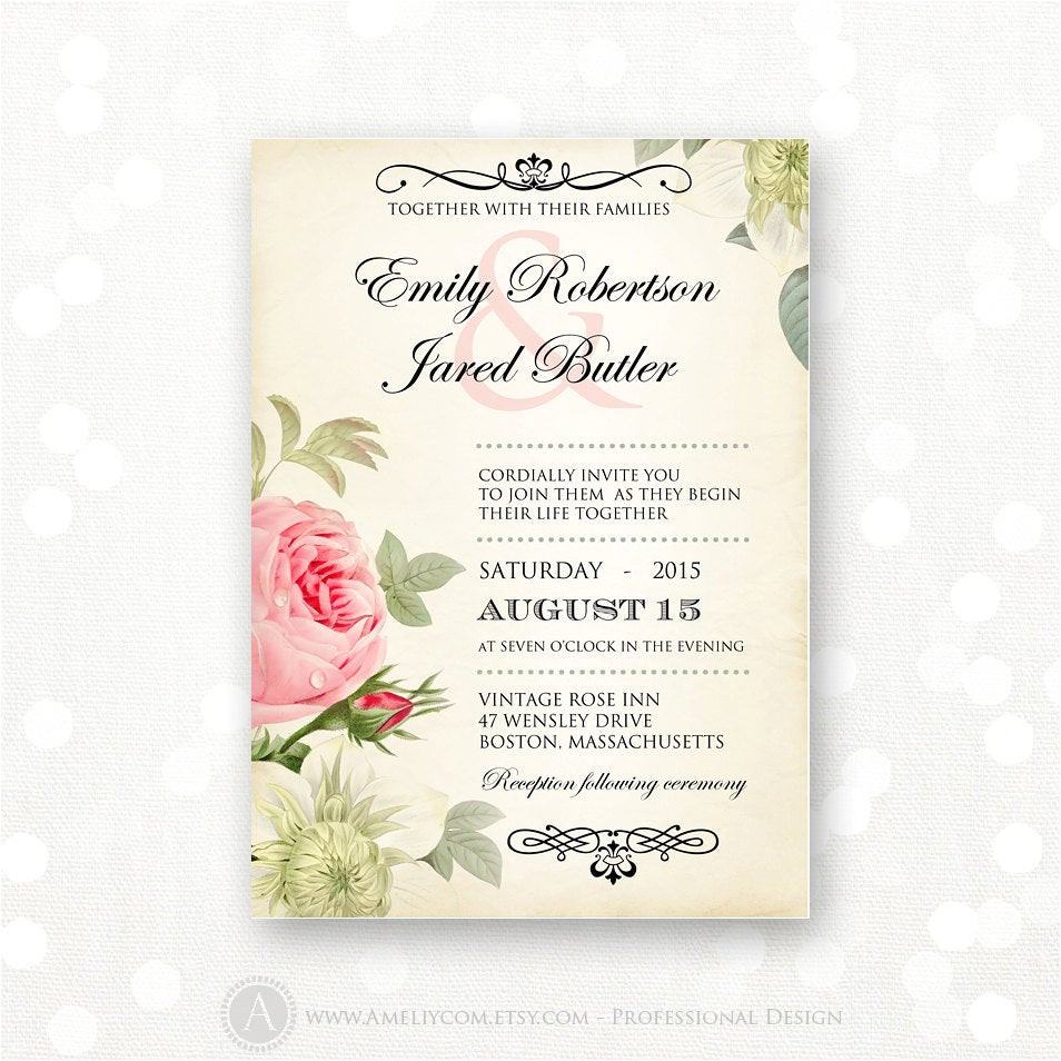 printable wedding invitation pink roses