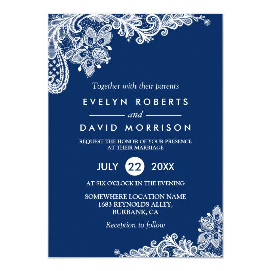 elegant lace navy blue white formal wedding invitation 256128098803808833