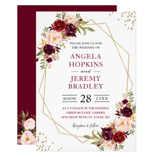 blush burgundy floral modern gold frame wedding invitation 256564118654803178