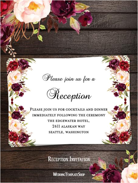 wedding reception invitations burgundy red blush pink marsala romantic blossoms