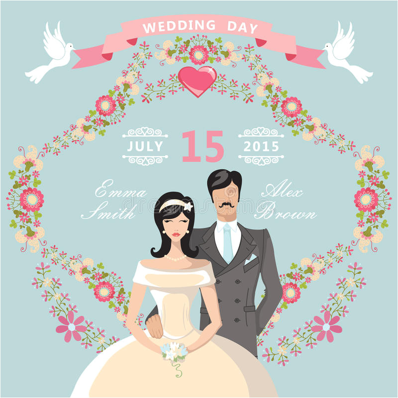 stock illustration cute wedding invitation floral frame cartoon bride groom couple vignettes ribbon pigeons retro design template image42672737