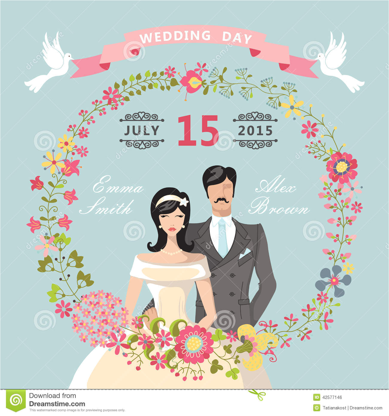 stock illustration cute wedding invitation floral wreath cartoon bride groom couple vignettes ribbon pigeons retro design template image42577146