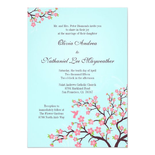 blue pink cherry blossoms wedding invitation 161898131641401156