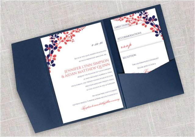 diy pocket wedding invitation template set instant download editable text exquisite vines navy dk coral microsoft word format