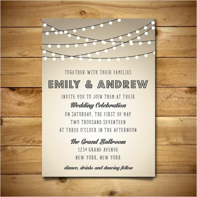 printable vintage style wedding invitation template string lights brown grey white instant download editable ms word doc