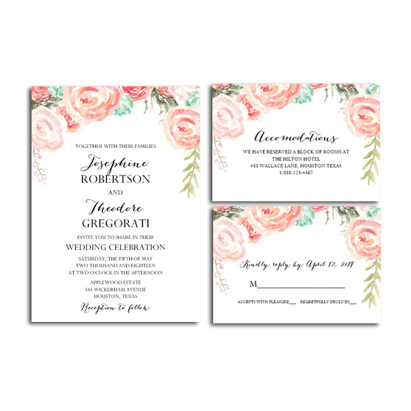editable pdf wedding invitation suite diy rustic soft peach watercolor floral invitation rsvp info card instant download printable edit adobe reader