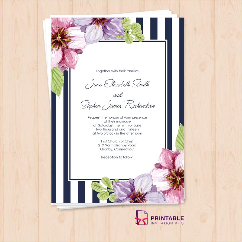 retro stripes floral wedding invitation template