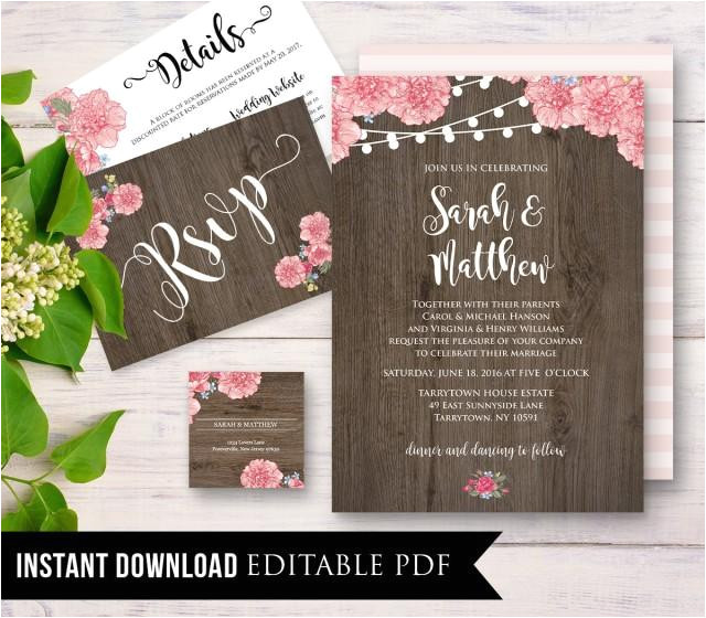 rustic wedding invitation template instant download wood floral string light diy printable wedding invite set editable pdf digital 019