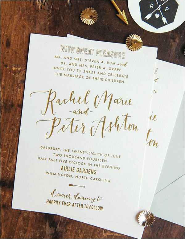 rachel peters gold foil calligraphy wedding invitations