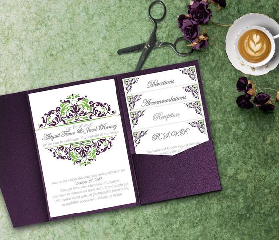 purple and green wedding invitation