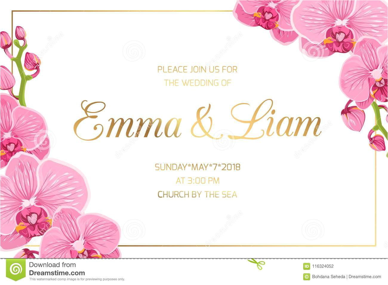 wedding invitation border frame corner pink orchid marriage event card template horizontal landscape orientation rectangular image116324052