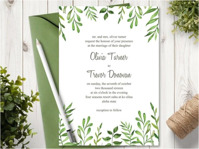 watercolor wedding invitation template quotlovely leavesquot green diy printable nature invite editable text ms word template instant download