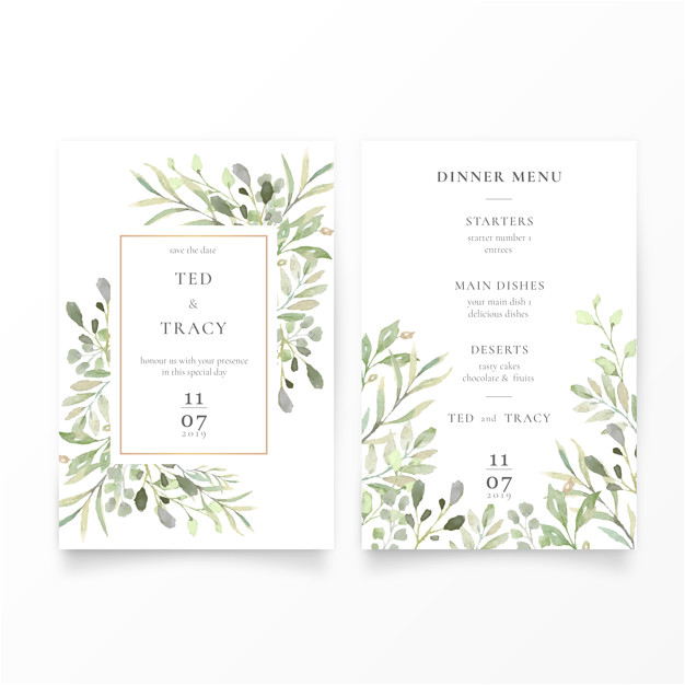 wedding invitation menu template with green leaves 3877349
