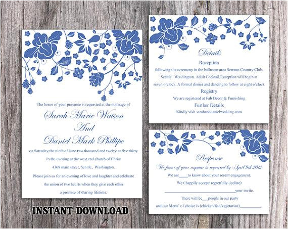diy wedding invitation template set editable word file instant download printable navy blue invitation elegant flower wedding invitation
