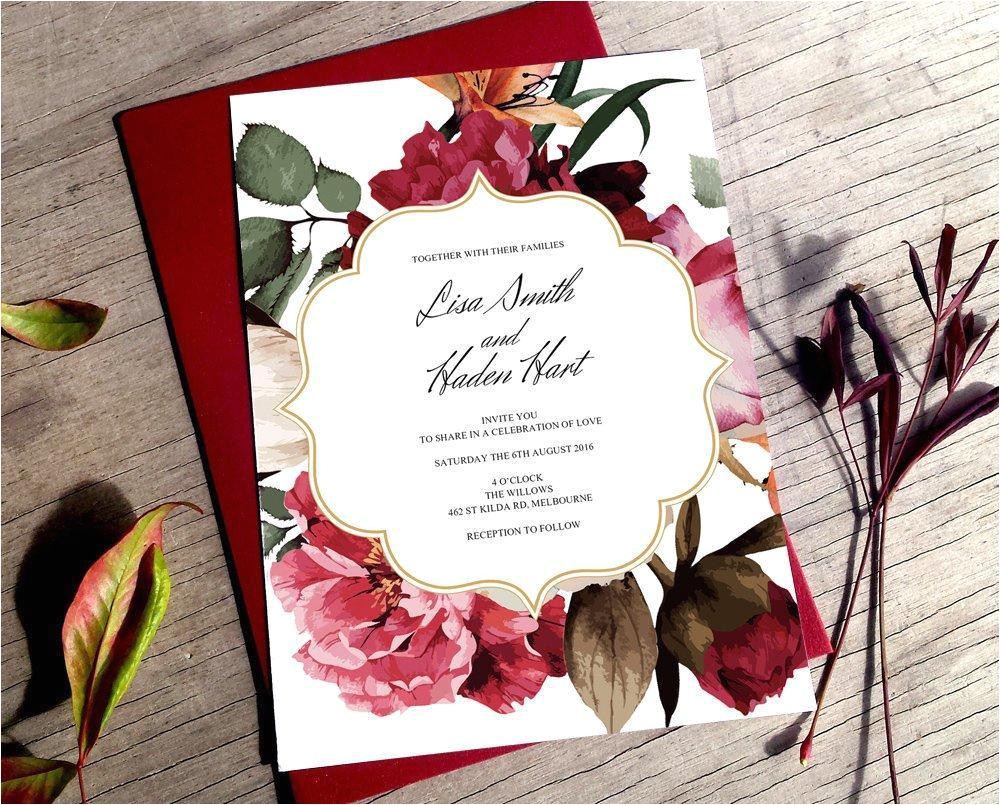 burgundy wedding invitation printable rustic invitation marsala wedding template invitation download floral invitation template download