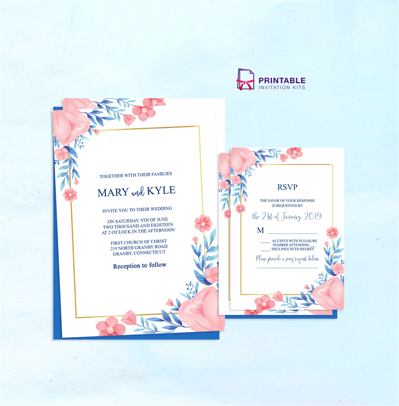 blue and peach flowers invitation and rsvp pdfs