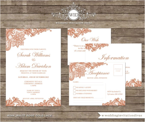 rose gold lace wedding invitation