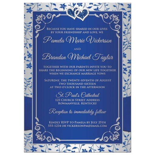 photo template wedding invitation royal blue silver gray floral printed ribbon jewel hearts