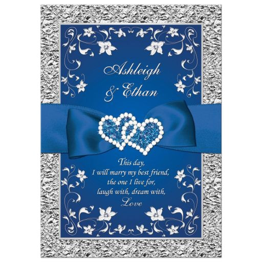 royal blue wedding invitation faux foil silver floral printed ribbon bow double hearts