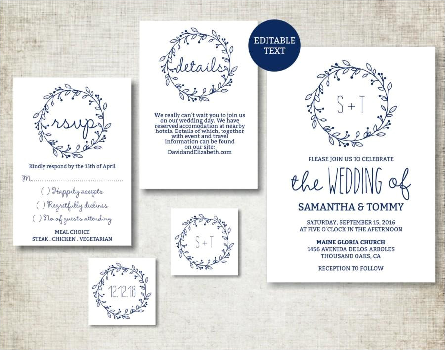 wedding invitation template navy classic wreath wedding invite printable digital pdf simple wedding invitation editable text
