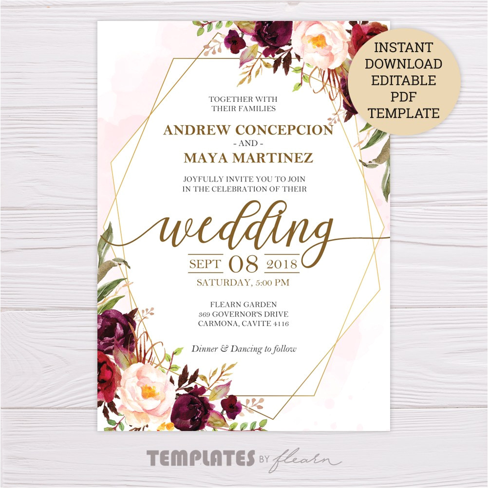 marsala flowers gold wedding invitation template