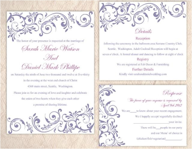 diy wedding invitation template set editable word file instant download purple wedding invitation purple invitations printable invitation