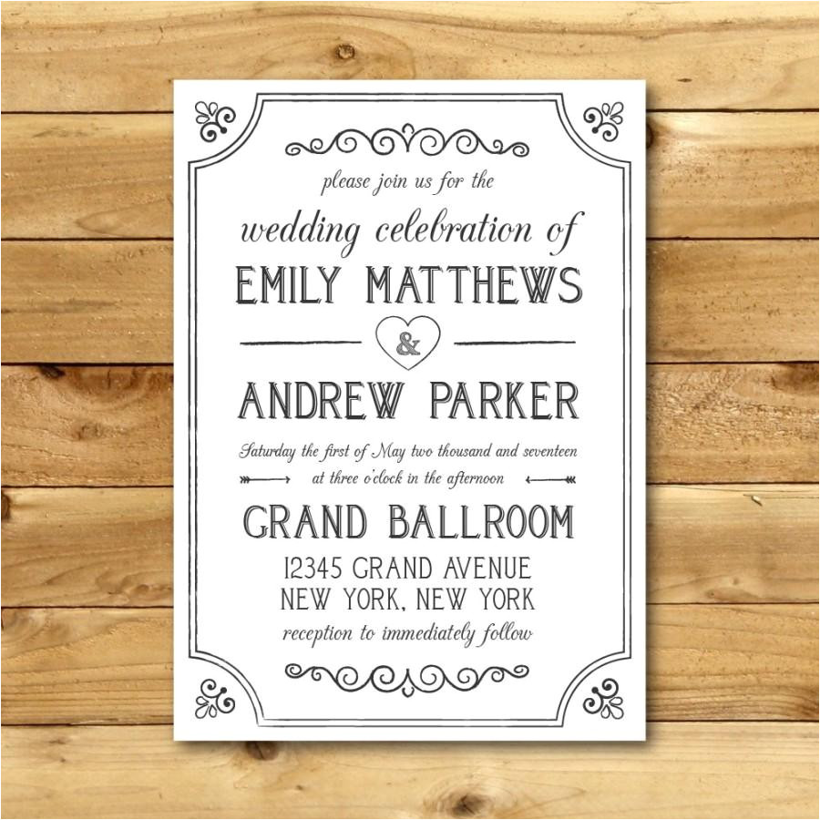 printable vintage style wedding invitation template dark grey white instant download editable ms word doc hyacinth collection