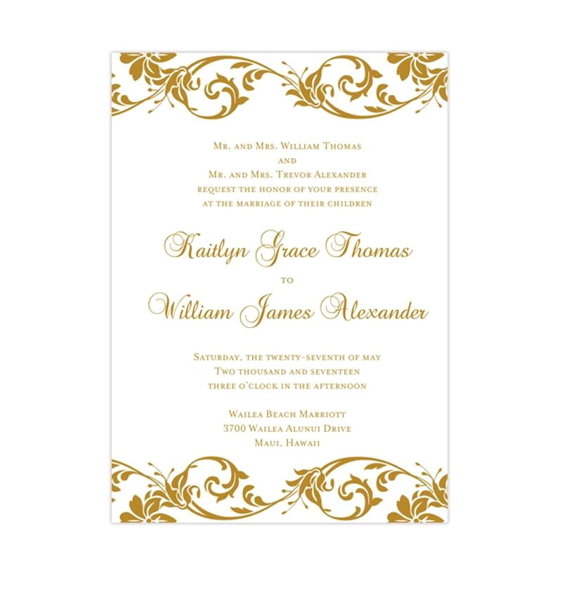 tropical damask wedding invitation gold