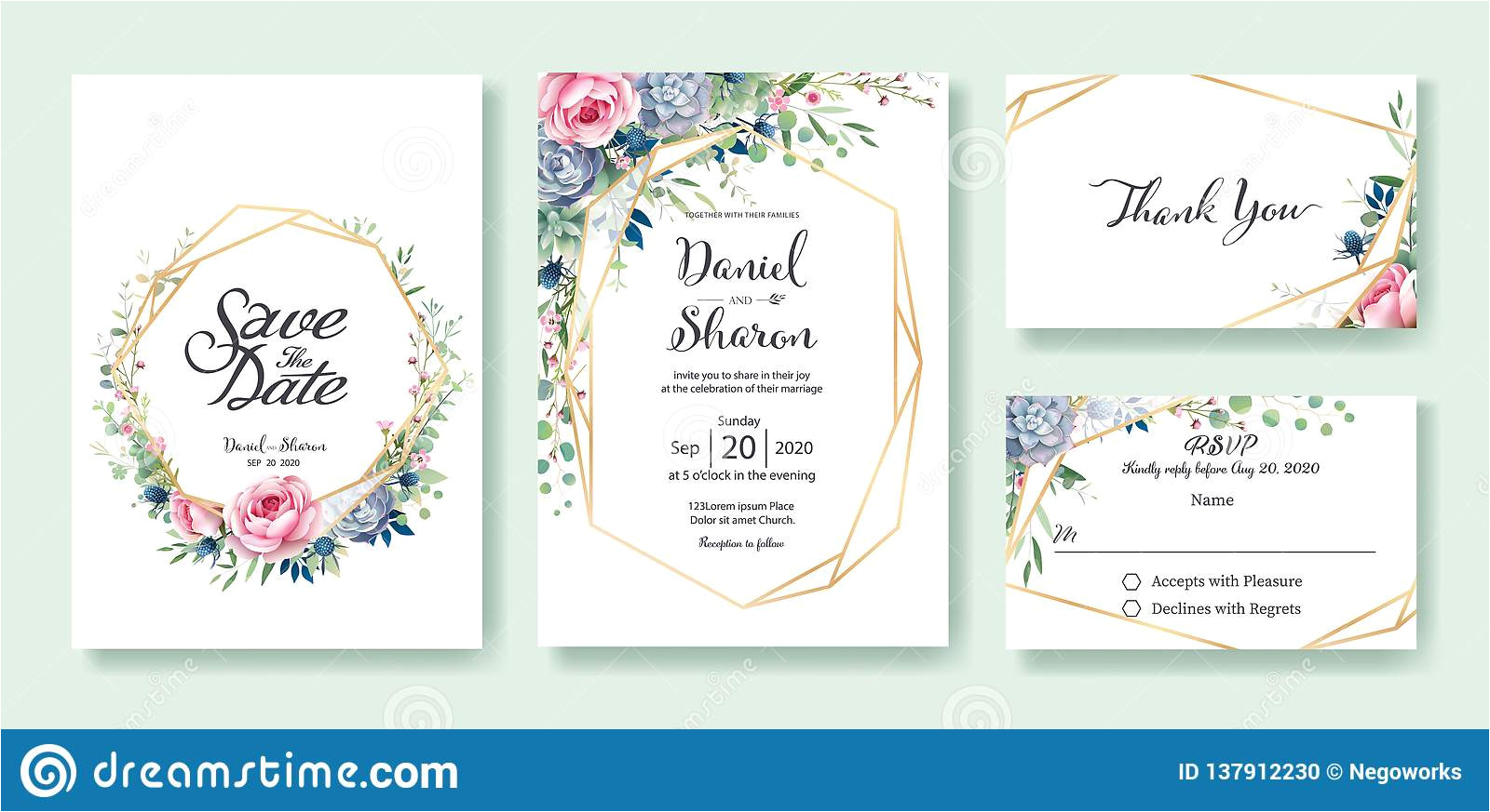 wedding invitation save date thank you rsvp card design template queen sweden rose flower leaves succulent plant anemone image137912230