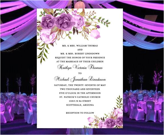 printable wedding invitation romantic blossoms purple lavender lilac