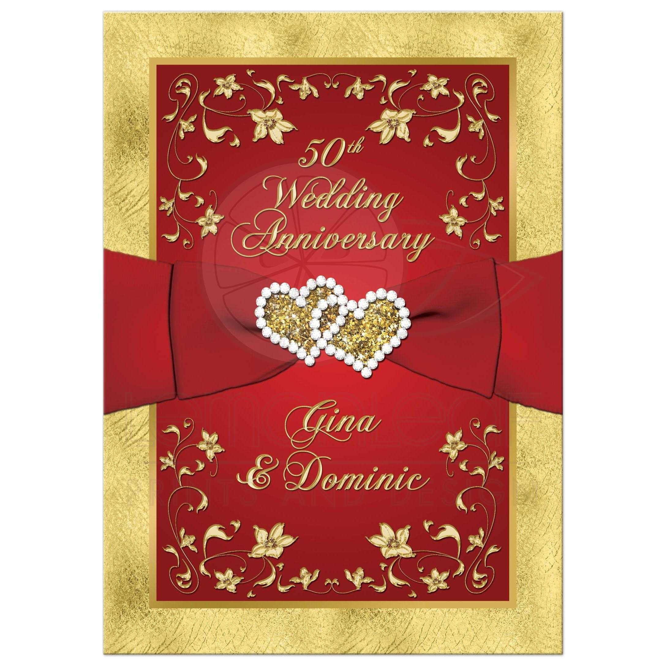 50th wedding anniversary invite red gold floral printed ribbon joined hearts