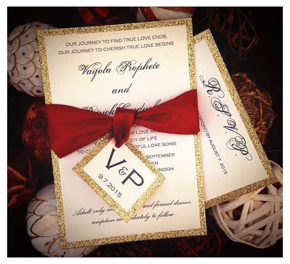 red and gold glitter wedding invitations