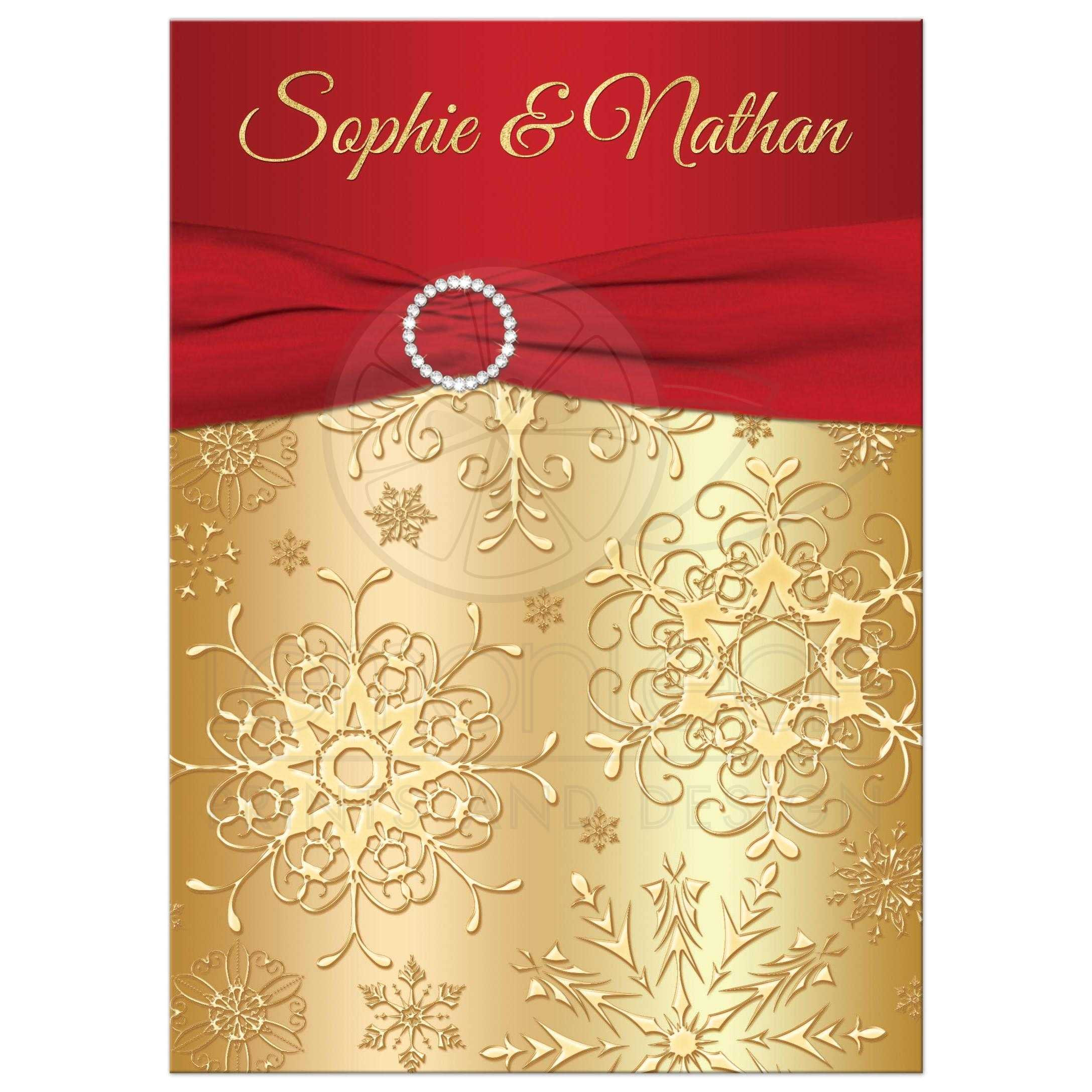 winter wedding invitation red gold snowflakes printed ribbon jewels