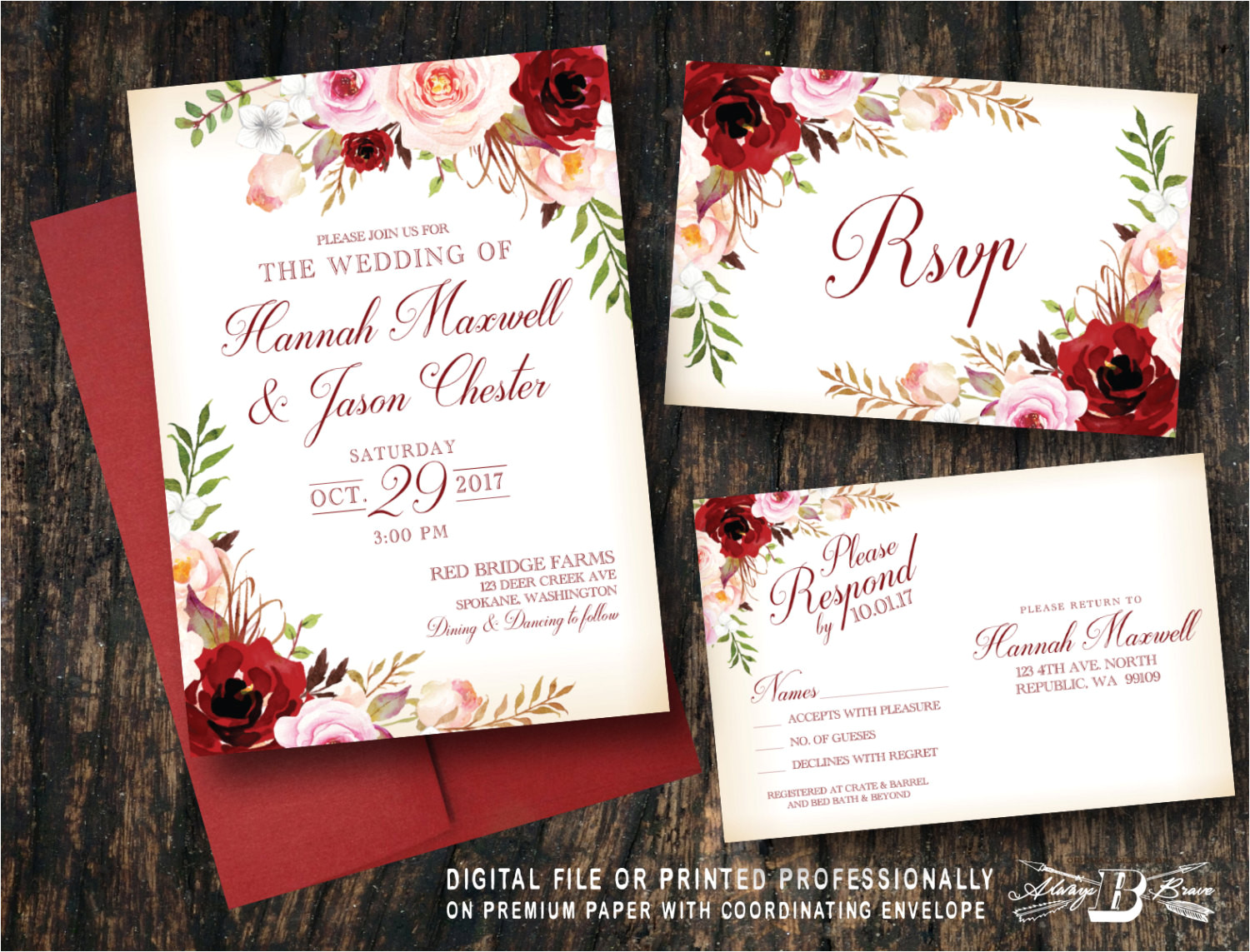 red blush floral wedding invitation set