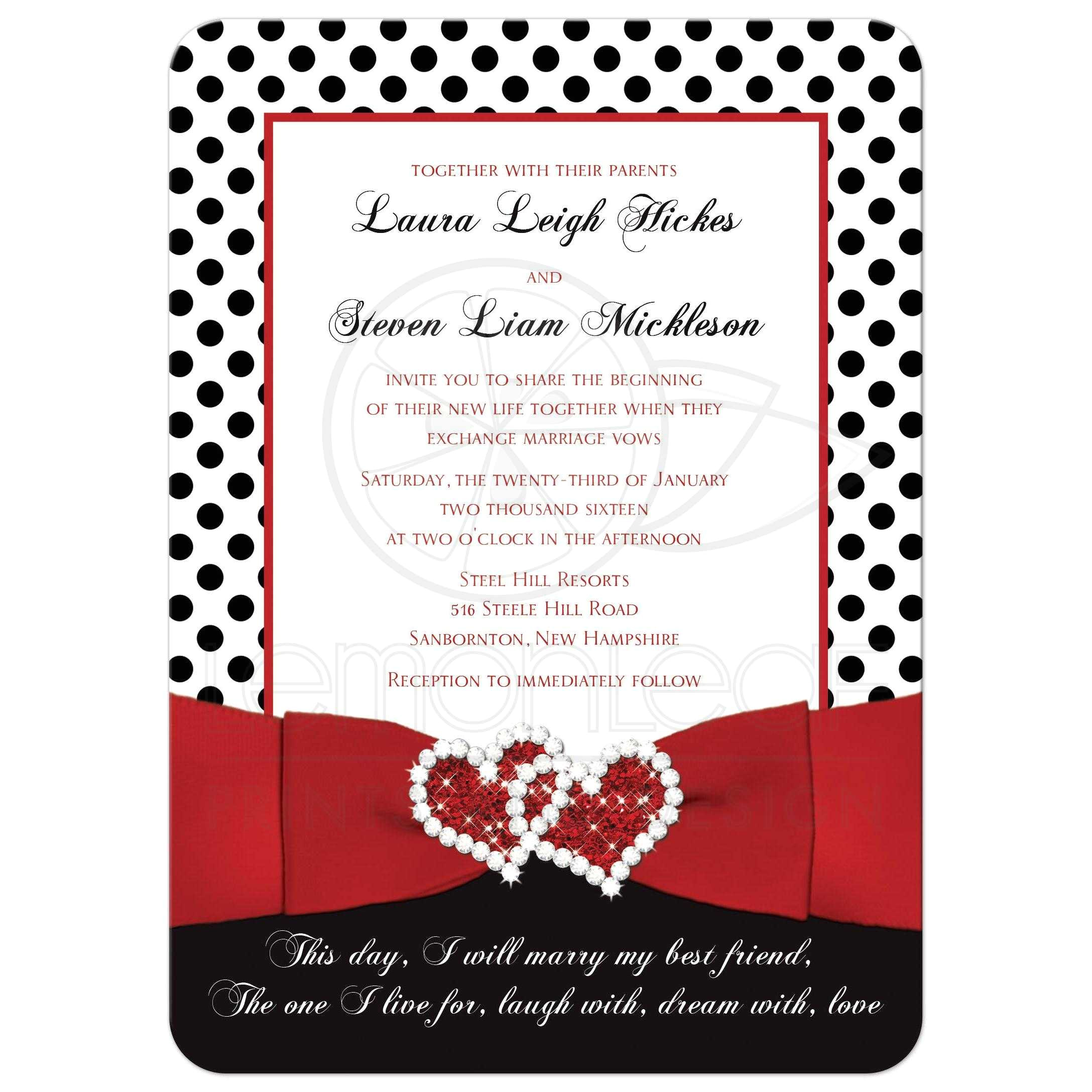 wedding invitation black white red polka dots printed ribbon